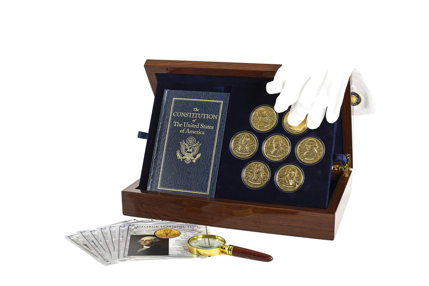 The Franklin Mint Founding Fathers Coin Collection - 7-Piece 24-Karat Gold-Plated Collectible Coins with Wood and Metal Storage Box - United States of America Leaders - Complete Set