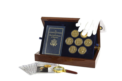 The Franklin Mint Founding Fathers Coin Collection - 7-Piece 24-Karat Gold-Plated Collectible Coins with Wood and Metal Storage Box - United States of America Leaders - Complete Set