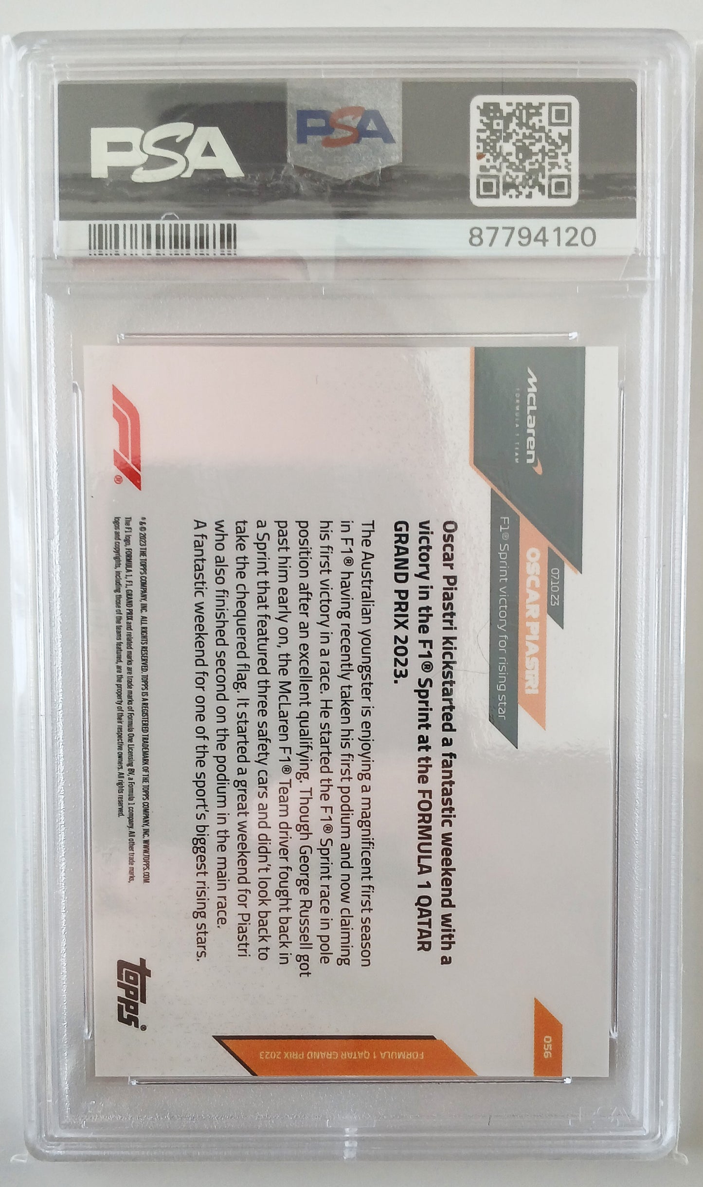 F1 2023 Topps NOW Oscar Piastri #56 PSA 10 First Sprint Victory Rising Star