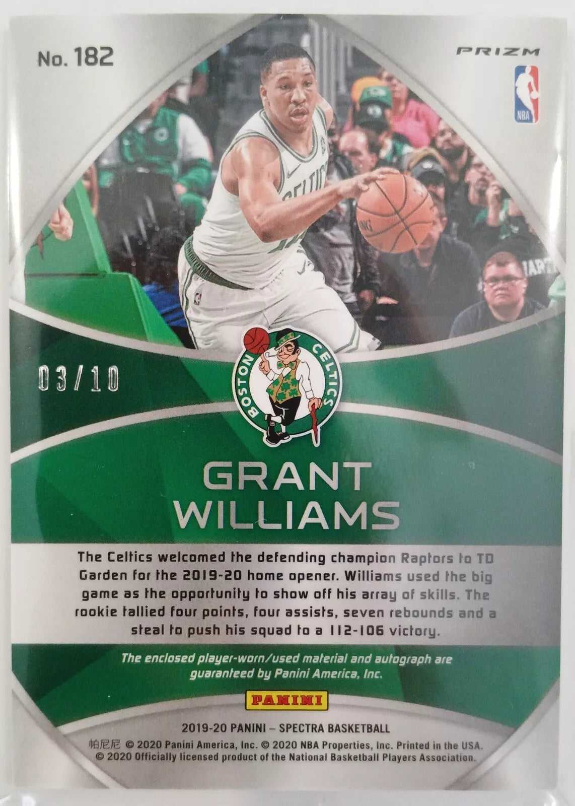 2019 - 2020 Panini Spectra Grant Williams #182 Gold Rookie Patch Auto RPA 3/10